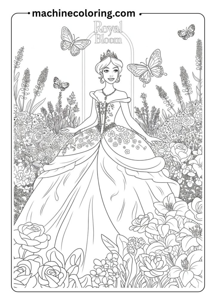 A beautiful princess in a flowing ball gown standing in a royal garden with flowers and butterflies, fully outlined for coloring