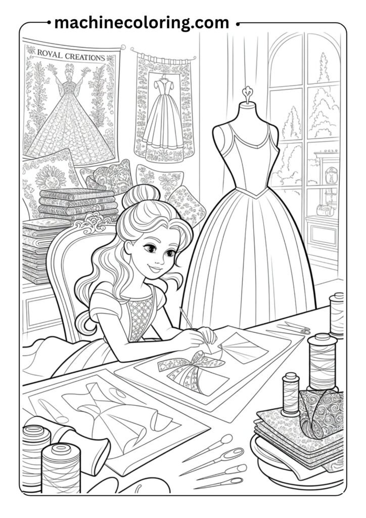 A creative princess designing her own dresses inside a royal sewing room, with threads, needles, and fabrics — clean line art, full of detail for coloring