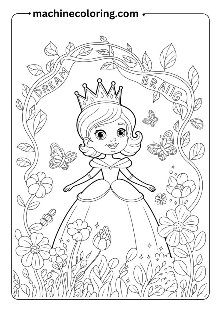 A cute cartoon princess wearing a crown and a big flowing dress, standing in a magical garden, black and white outline, coloring book style, easy for kids to color