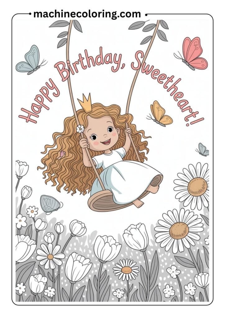 A princess with long curly hair sitting on a swing in a garden, butterflies flying around her, designed in simple outlines for kids
