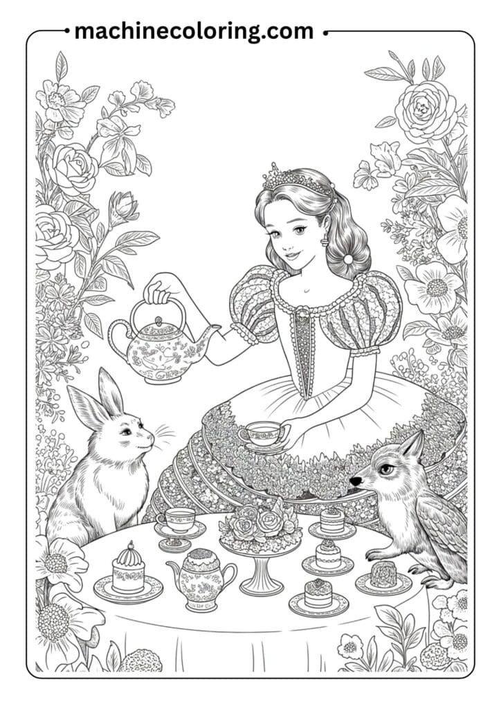A royal tea party in a flower garden, featuring a princess in a frilly dress pouring tea for animal friends — line drawing with detailed patterns and no colors