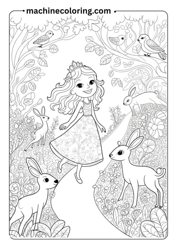 A smiling princess walking through a magical forest, surrounded by rabbits, deer, and birds — clean outlines, detailed foliage, and no filled areas, for a coloring book page
