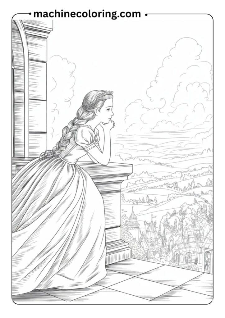 A young princess leaning on a castle balcony, overlooking a kingdom with distant hills, flags, and clouds — detailed line work, black and white only