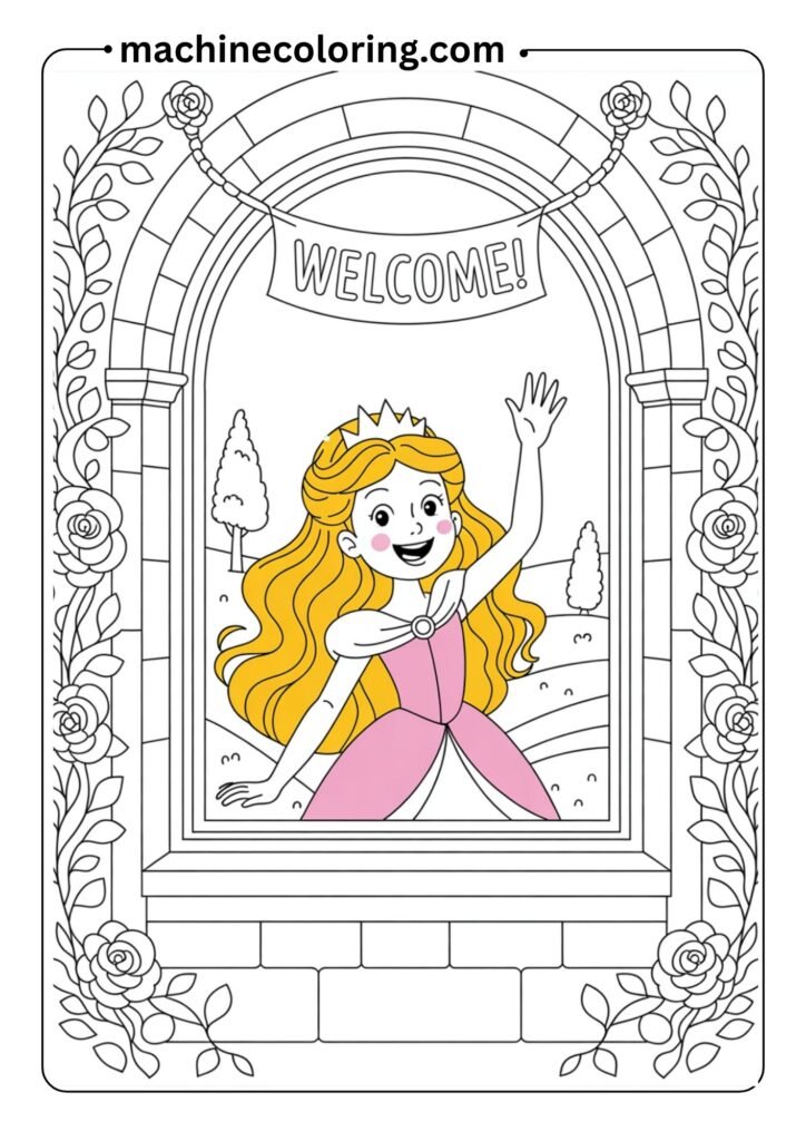 A young princess waving from a castle window, black-and-white illustration with thick lines, easy for coloring
