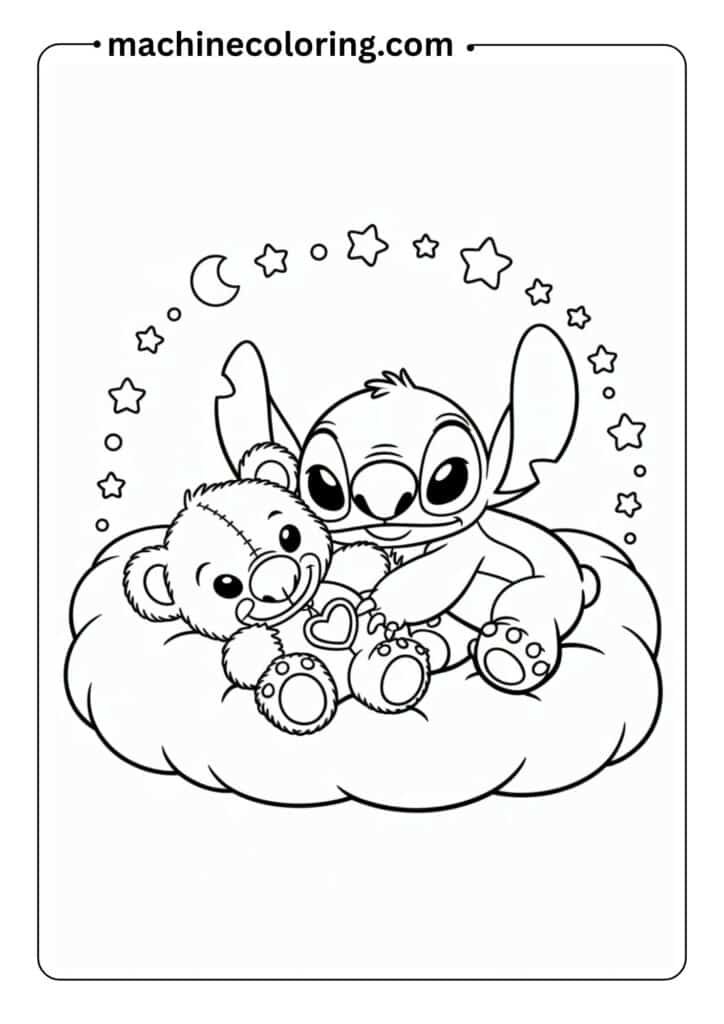 Adorable Stitch sleeping with a teddy bear, outlined graphic for a children's coloring page, clean lines