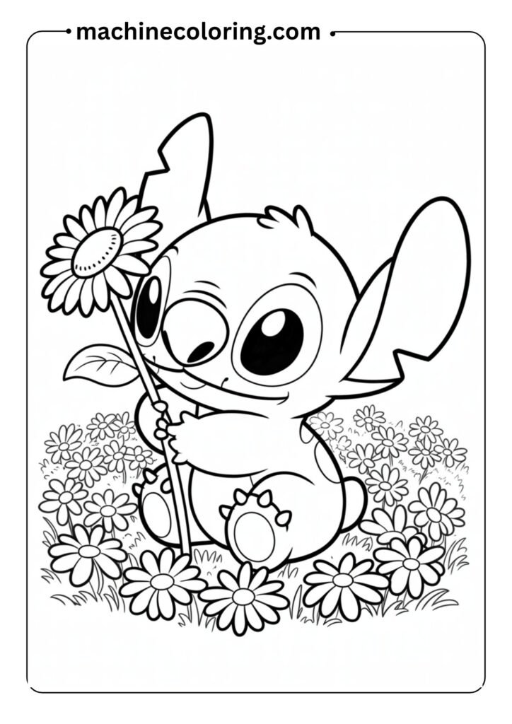 Baby Stitch sitting with a flower, thick black outlines, minimal details, white background, coloring book style