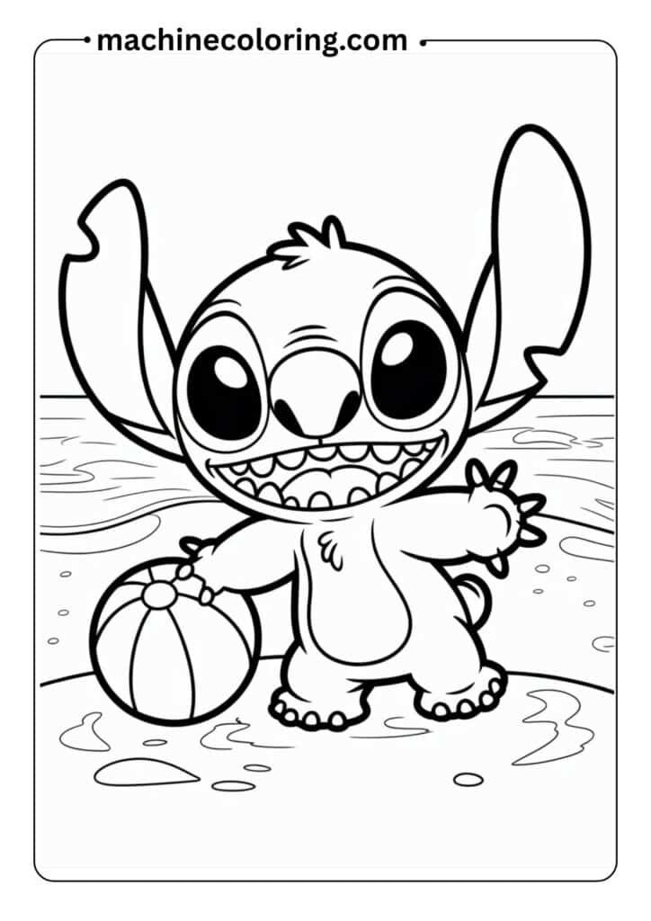 Chibi Stitch wearing sunglasses, standing on the beach, simple lines, perfect for young kids to color