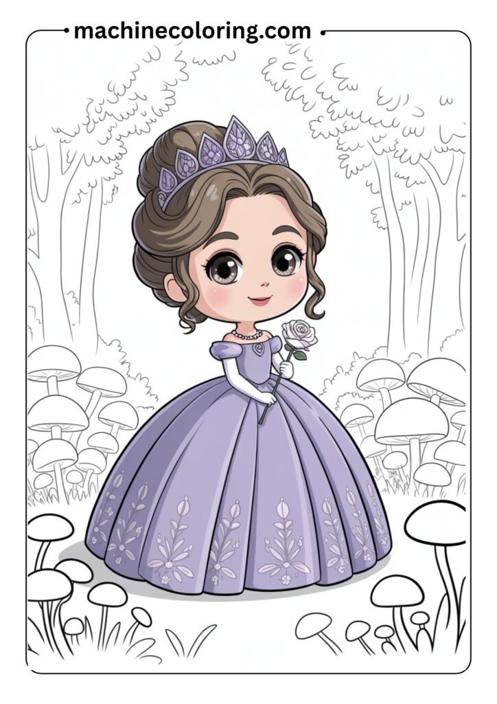Chibi-style princess in a ball gown, with big eyes and a small crown, standing in front of a magical forest, outlined and easy to fill