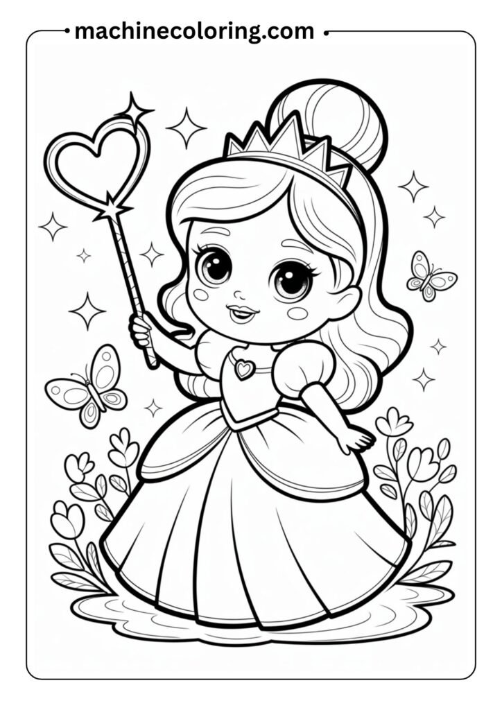 Chibi-style princess with puffy sleeves and a heart-shaped wand, outlined drawing for kids’ coloring book