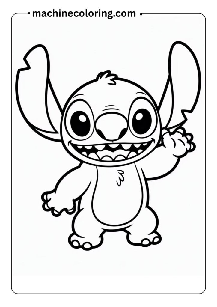 Cute Stitch smiling and waving, simple outline, cartoon style, blank background, easy coloring page for kids