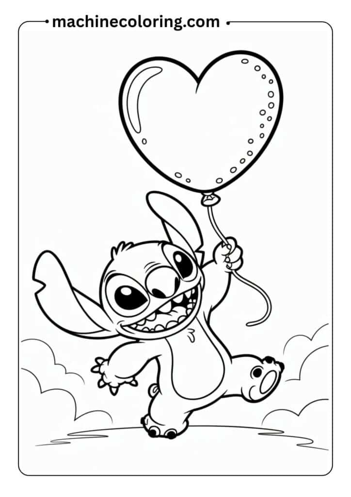 Cute outlined drawing of Stitch holding a heart-shaped balloon, minimal details for kids coloring page