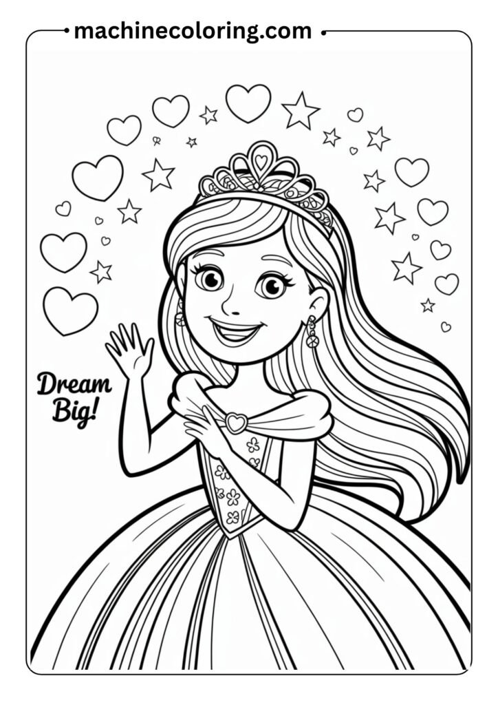 Cute princess wearing a tiara and waving her hand, surrounded by hearts and stars, drawn with bold, easy-to-color lines