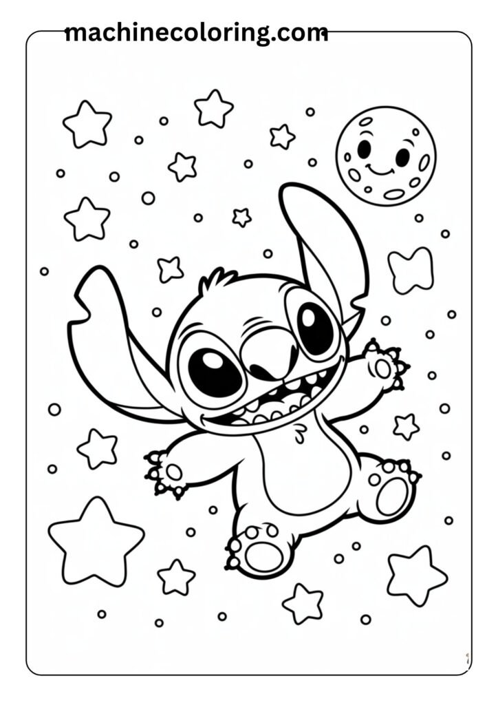 Kawaii Stitch in space with stars and a moon, outlined drawing for simple coloring fun