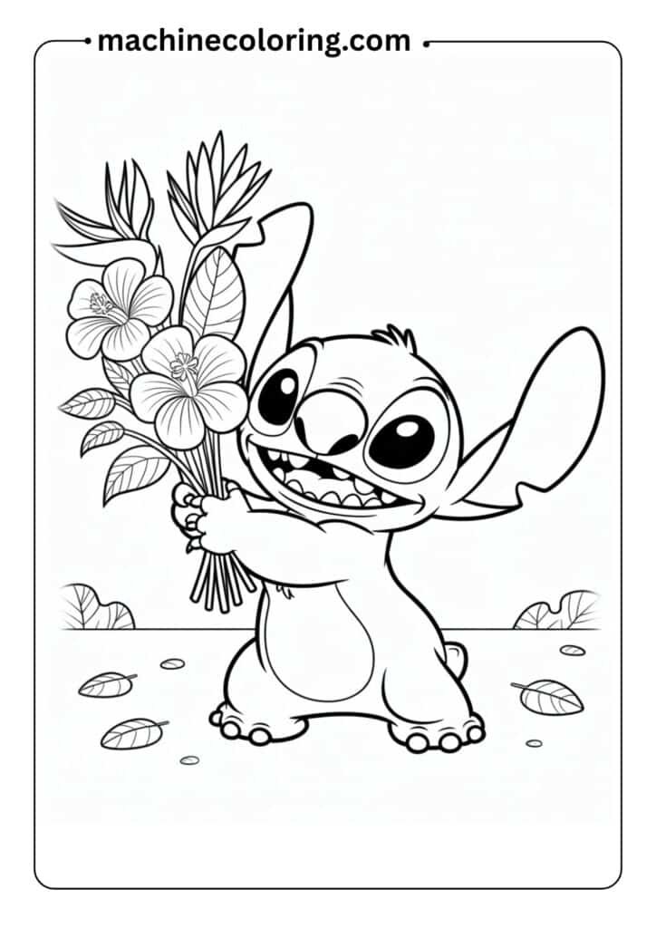 Line art of Stitch holding a bouquet of flowers, cartoon style, clean outlines for coloring book
