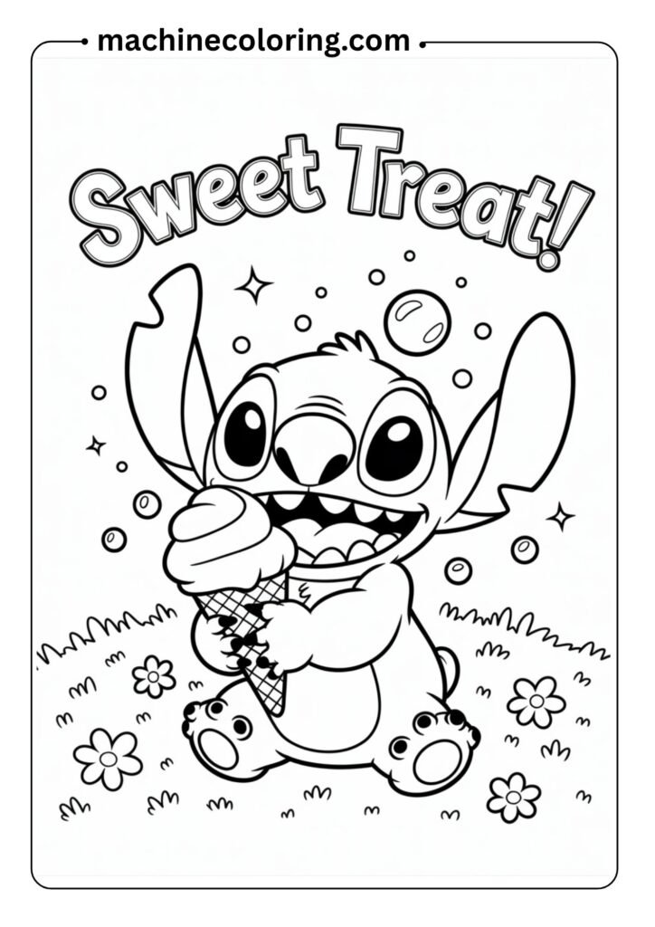 Line drawing of Stitch eating ice cream, cartoon-style, large spaces for coloring, for preschoolers