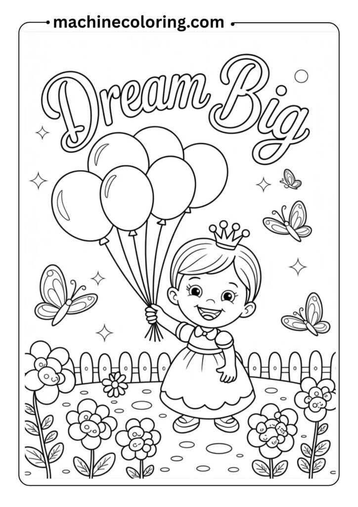 Little princess holding balloons in a garden, happy face, bold outline drawing, coloring book page for toddlers