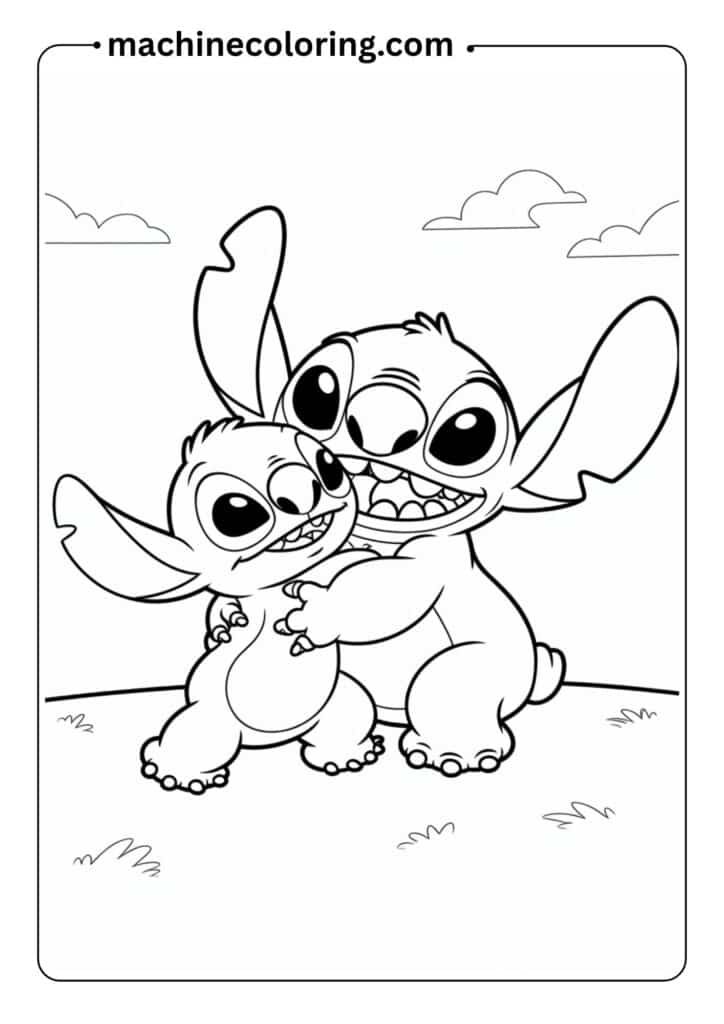 Outlined Stitch hugging Lilo, large shapes, minimal background for young kids' coloring