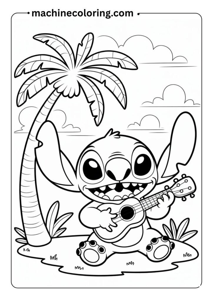 Outlined Stitch playing ukulele under a palm tree, kawaii style, for easy kids coloring
