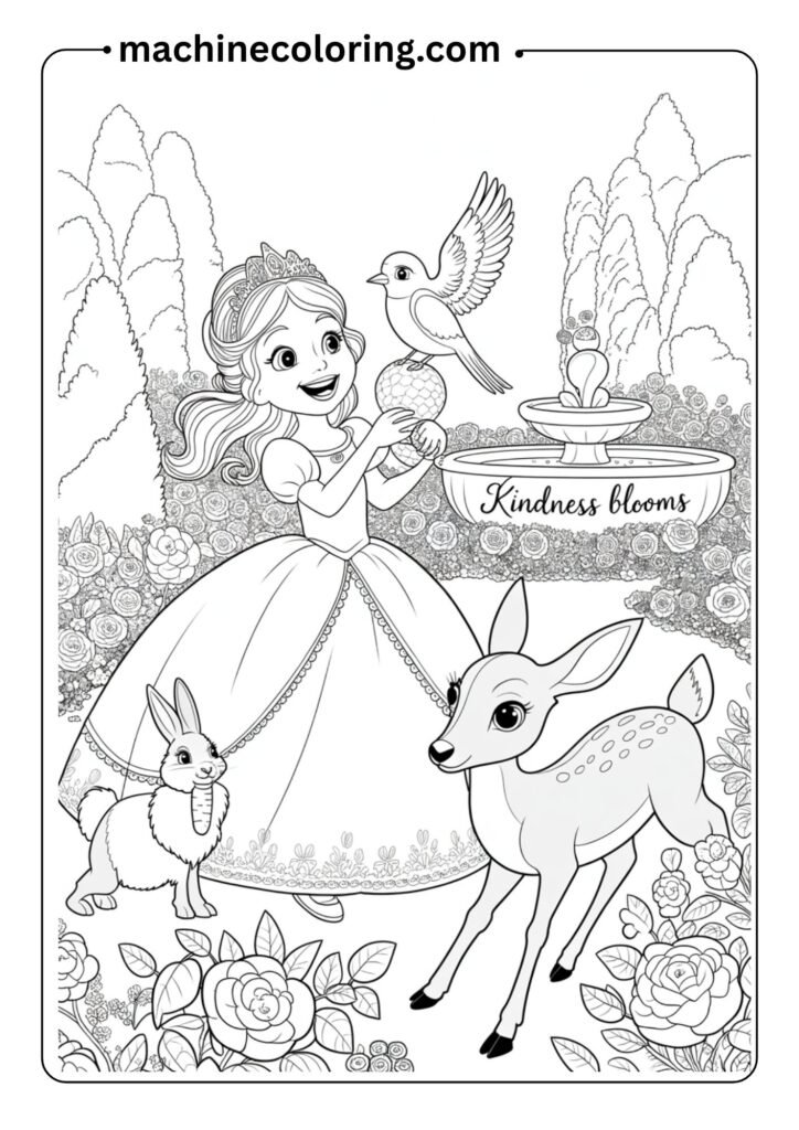Princess and her animal friends (rabbit, bird, and deer) playing in the royal garden, kids coloring page style