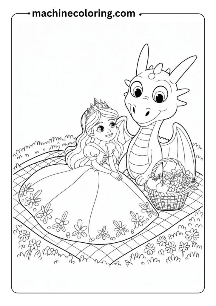 Princess and her dragon friend sitting on a picnic blanket, outlined in clean black lines for coloring books