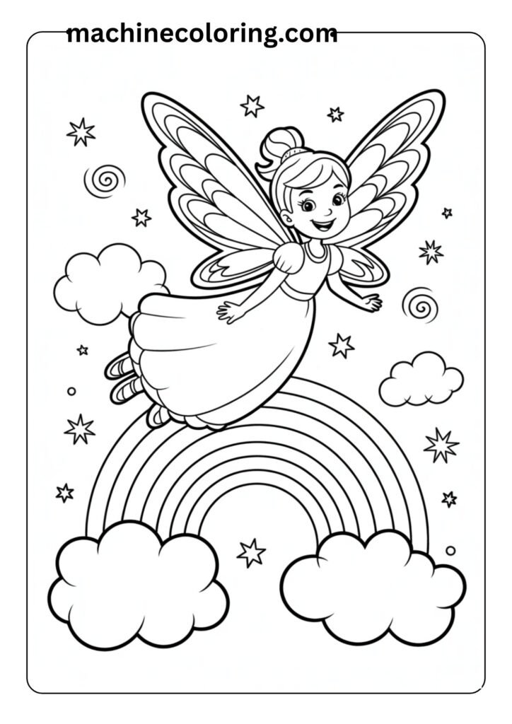 Princess flying with fairy wings above a rainbow, outlined doodle art for preschool coloring page