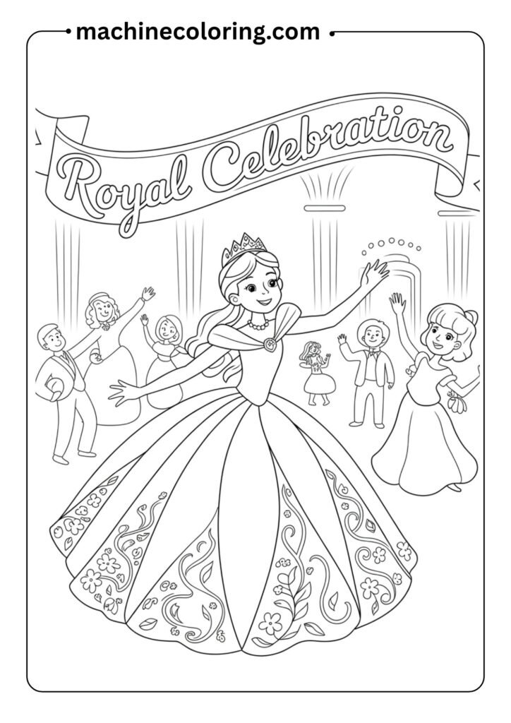Princess in a ball gown dancing at a royal party, simple cartoon outline, no shading, suitable for kids to color