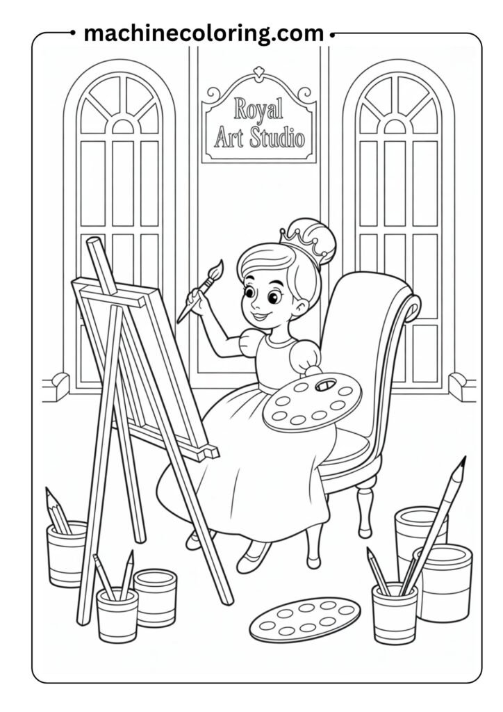Princess painting with a palette and brush in her royal art room, easy outlines for young kids to color