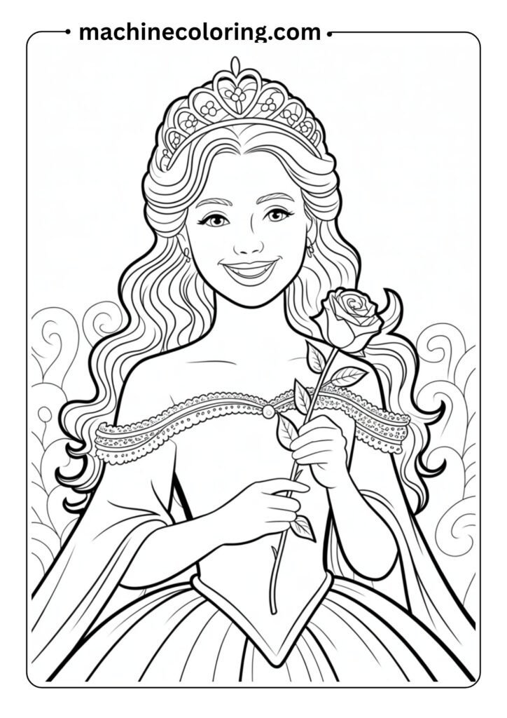Princess with long wavy hair wearing a tiara and smiling, blank background, clear outline for coloring
