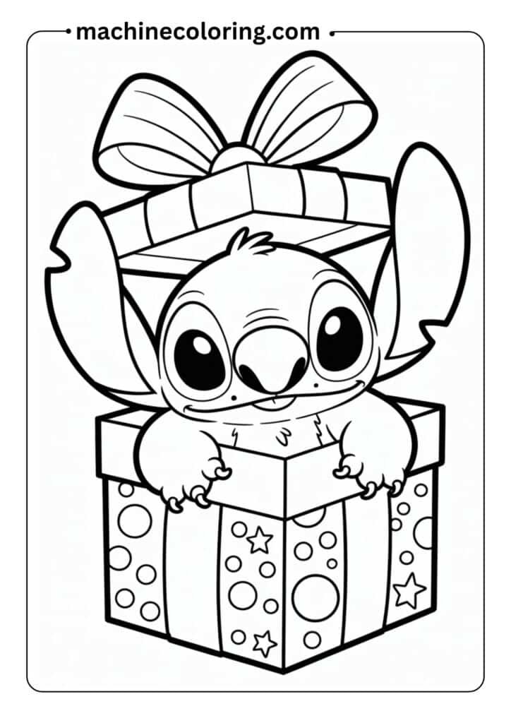 Simple black-and-white illustration of Stitch peeking out of a gift box, perfect for toddlers to color