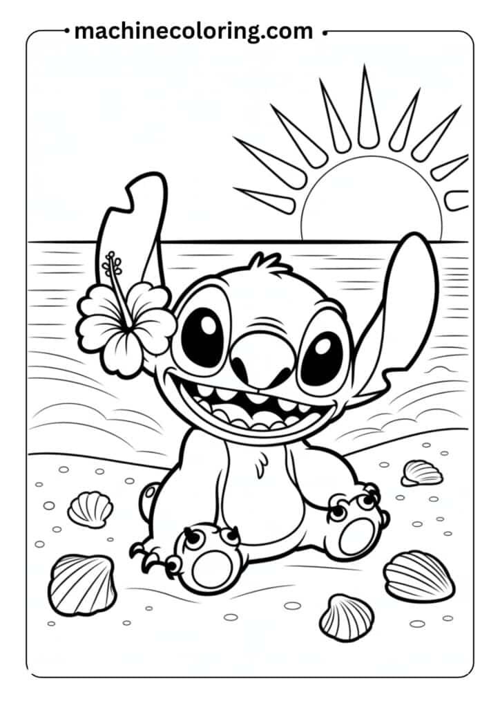 Simple line art of Stitch smiling and sitting on the beach with a flower behind his ear, easy to color, kids style