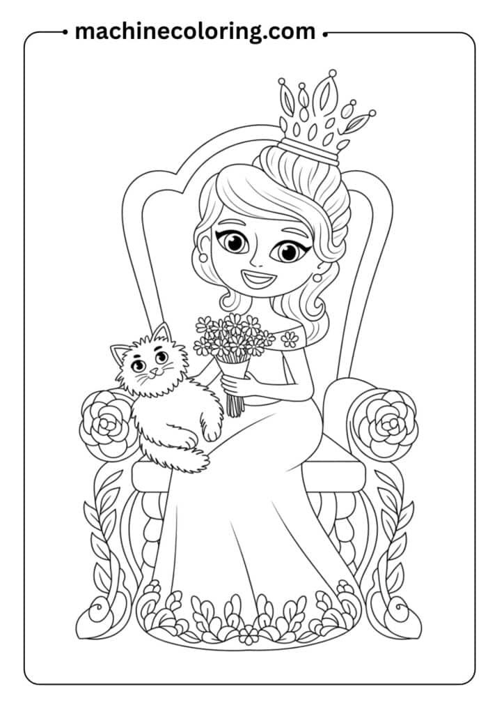 Smiling princess sitting on a throne with a small pet cat, simple line art, no background, designed for children’s coloring pages