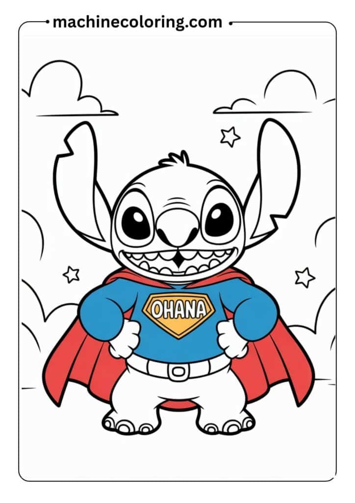 Stitch dressed as a superhero, big smile, minimal background, coloring sheet style for young children