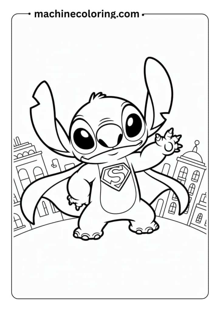 Stitch dressed as a superhero with a cape, bold outline, cute and easy for kids to color