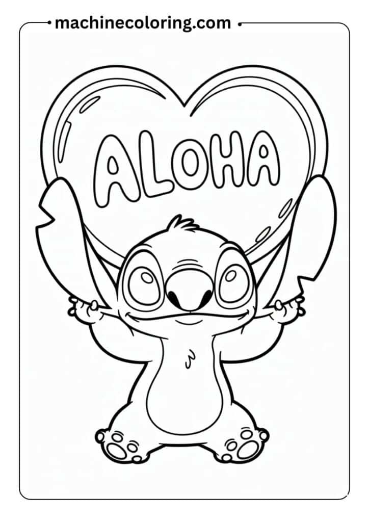 Stitch holding a heart, front-facing pose, large shapes, outlined for children’s coloring activity