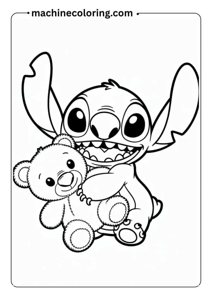 Stitch hugging a teddy bear, kawaii style, clean thick black outline, plain background, easy-to-color design