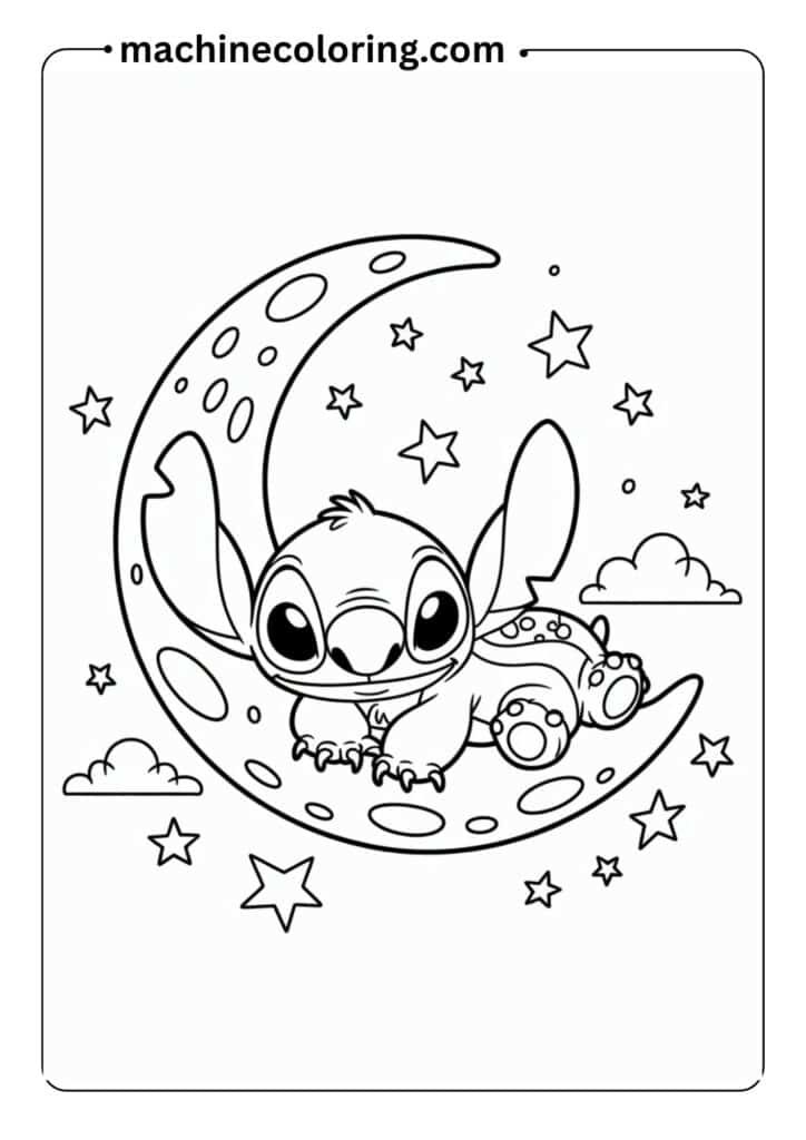 Stitch sleeping on a moon, surrounded by stars, gentle curves, cartoon outline, coloring page for preschoolers