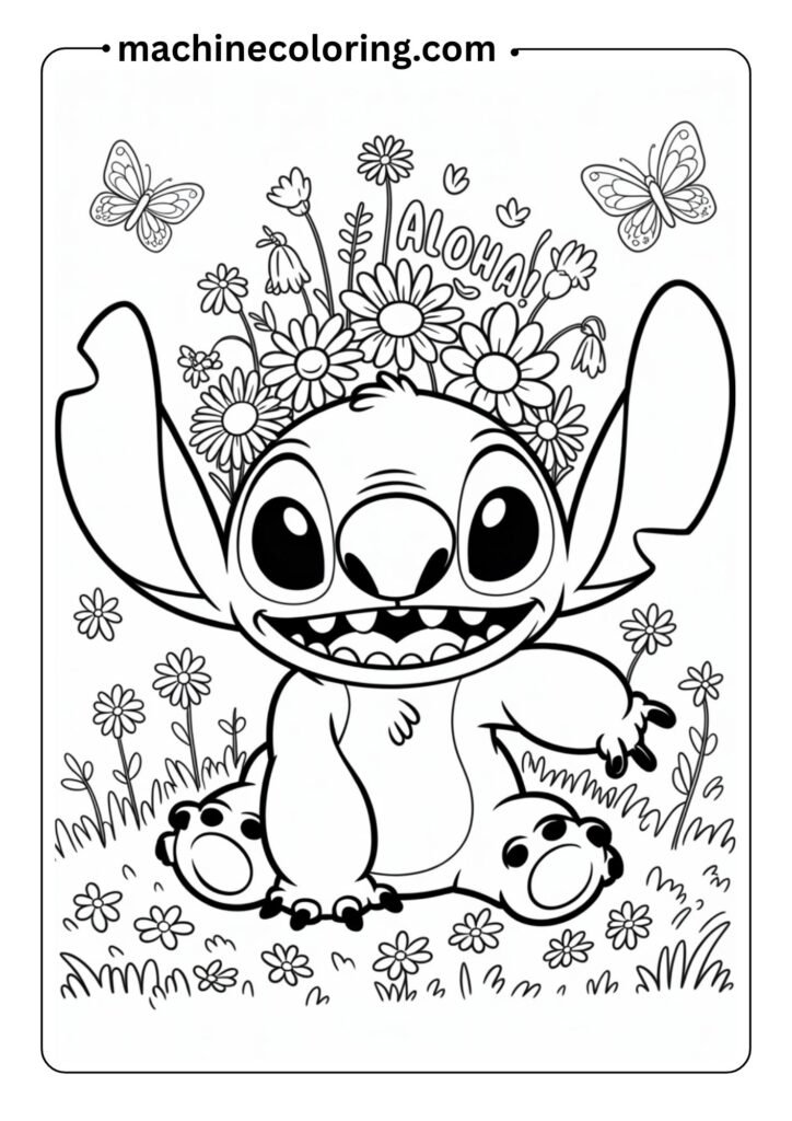 Stitch wearing a flower crown, smiling face, bold cartoon lines, suitable for kids’ coloring activities