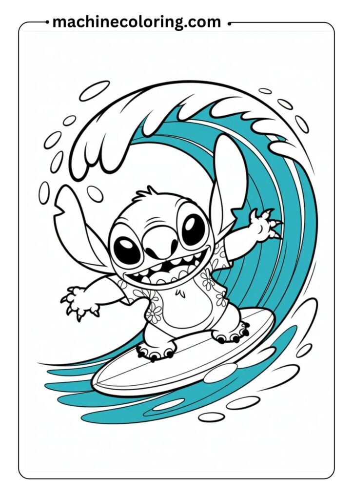 Stitch wearing sunglasses and surfing on a wave, easy line art for a fun coloring page