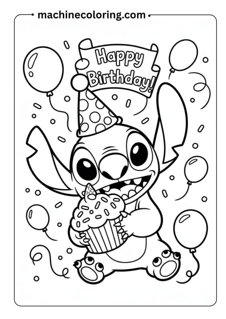 Stitch with a big cupcake and birthday hat, kids-style line drawing, easy coloring design